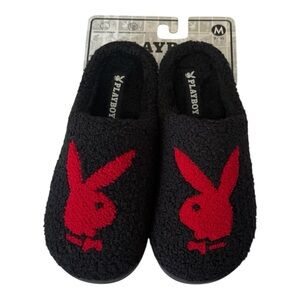 PLAYBOY Men’s Slip On Open Back Black Bunny Head Slippers Memory Foam Size M NEW
